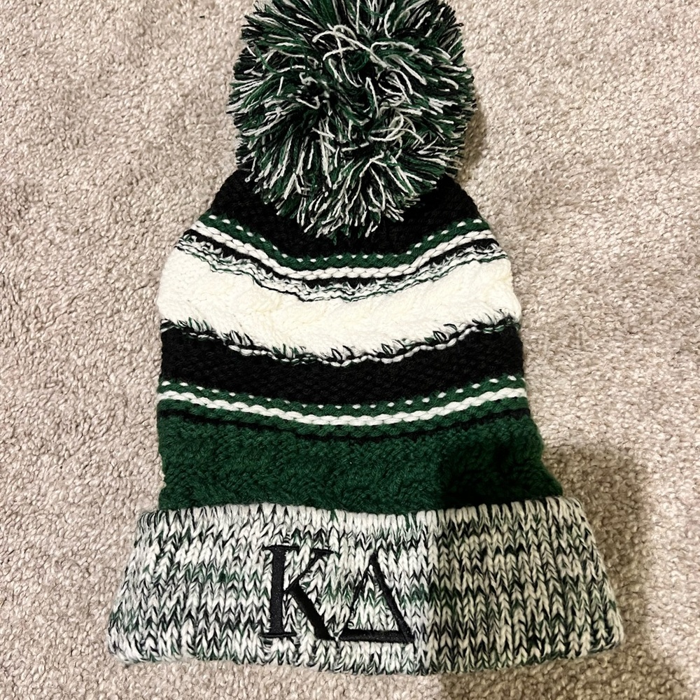 Green and White Kappa Delta Pom-Pom Beanie